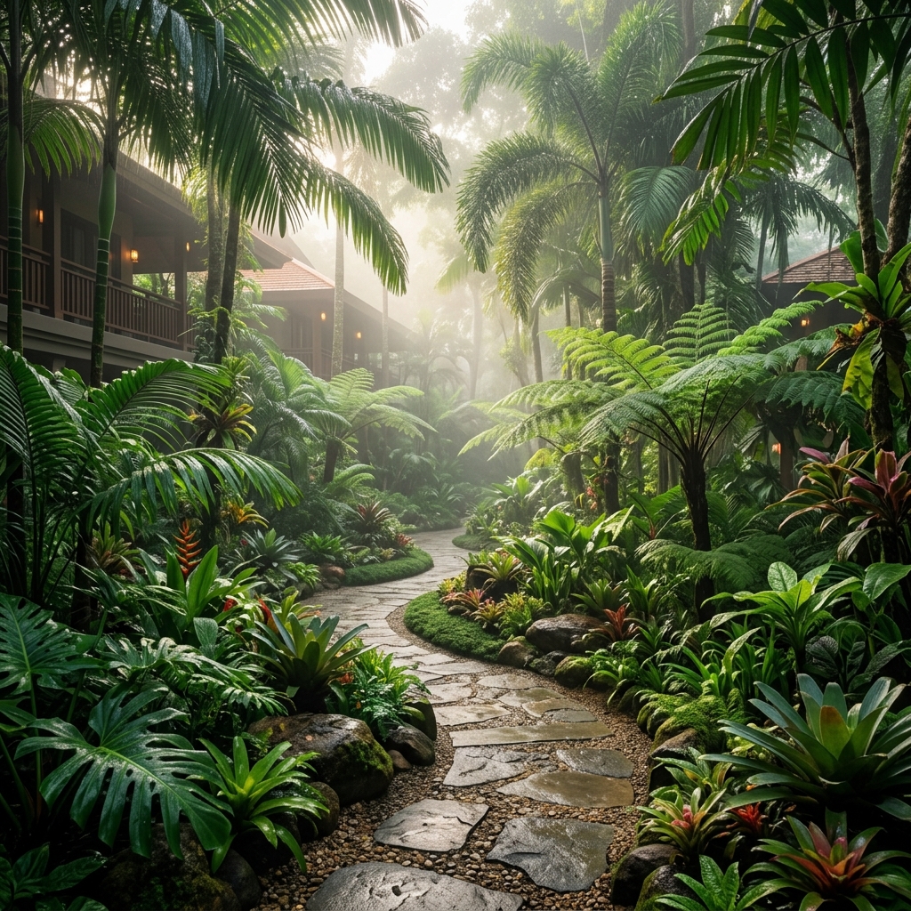 Lush tropical garden at Verdana Resort